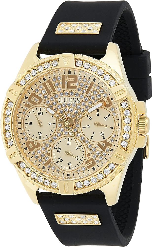 G.U.E.S.S Frontier Diamonds Gold Dial Black Rubber Strap Watch
