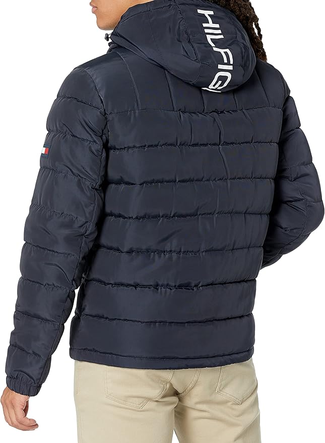 T.O.m-M.y H.I.L.F.I.G.E.R Midweight Sherpa Lined Hooded Water Resistant Puffer Jacket, T.o.m.m.y Flag Combo Tech Navy Flag Combo