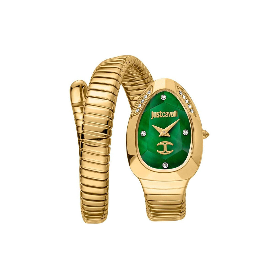 J.U.S.T C.A.V.A.L.L.I Women's Analogue Quartz Watch with Stainless Steel Strap, Gold Plated Green, Fashionable