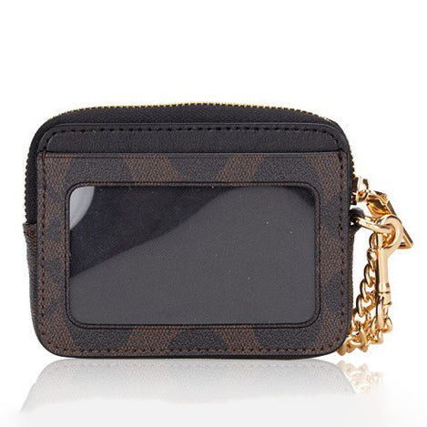 Coach Signature Zip Card Case/Holder In Brown Black