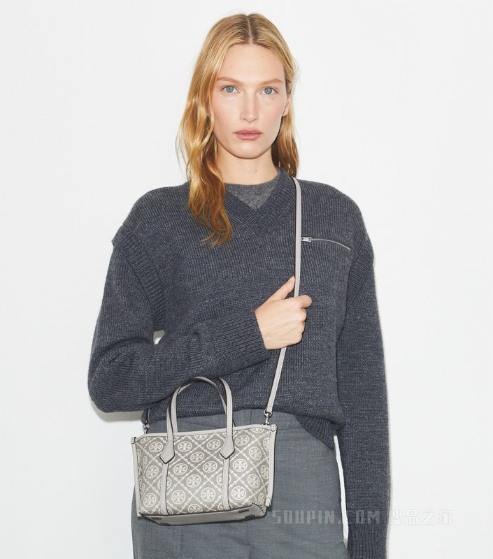 T.O.R.Y B.U.R.C.H T Monogram Perry Mini Tote Bag in Grey