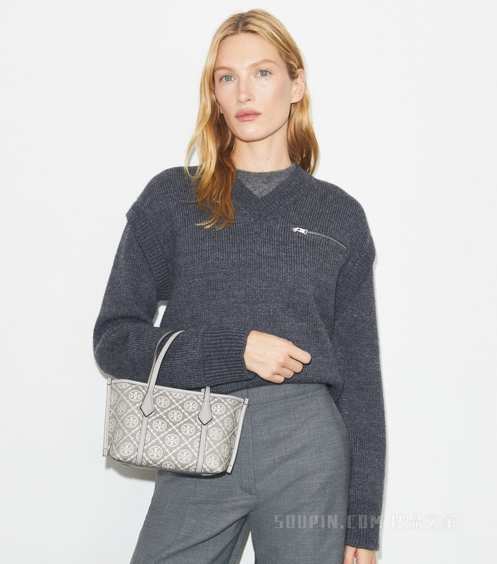 T.O.R.Y B.U.R.C.H T Monogram Perry Mini Tote Bag in Grey