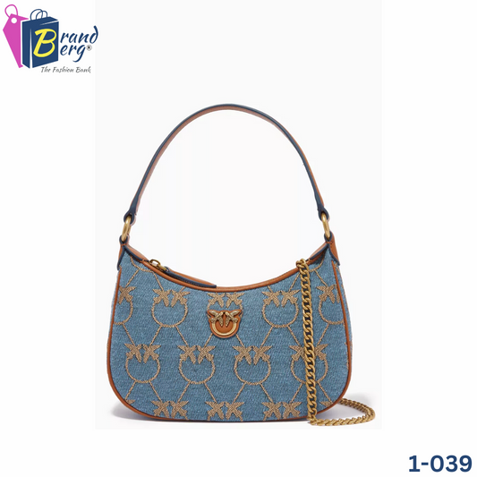 P.I.N.K.O Love Mini Half Moon Bag in Jacquard Denim Crossbody Bag