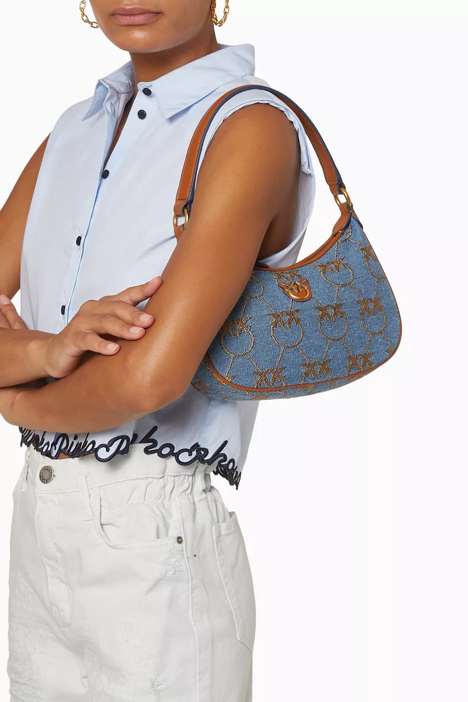 P.I.N.K.O Love Mini Half Moon Bag in Jacquard Denim Crossbody Bag