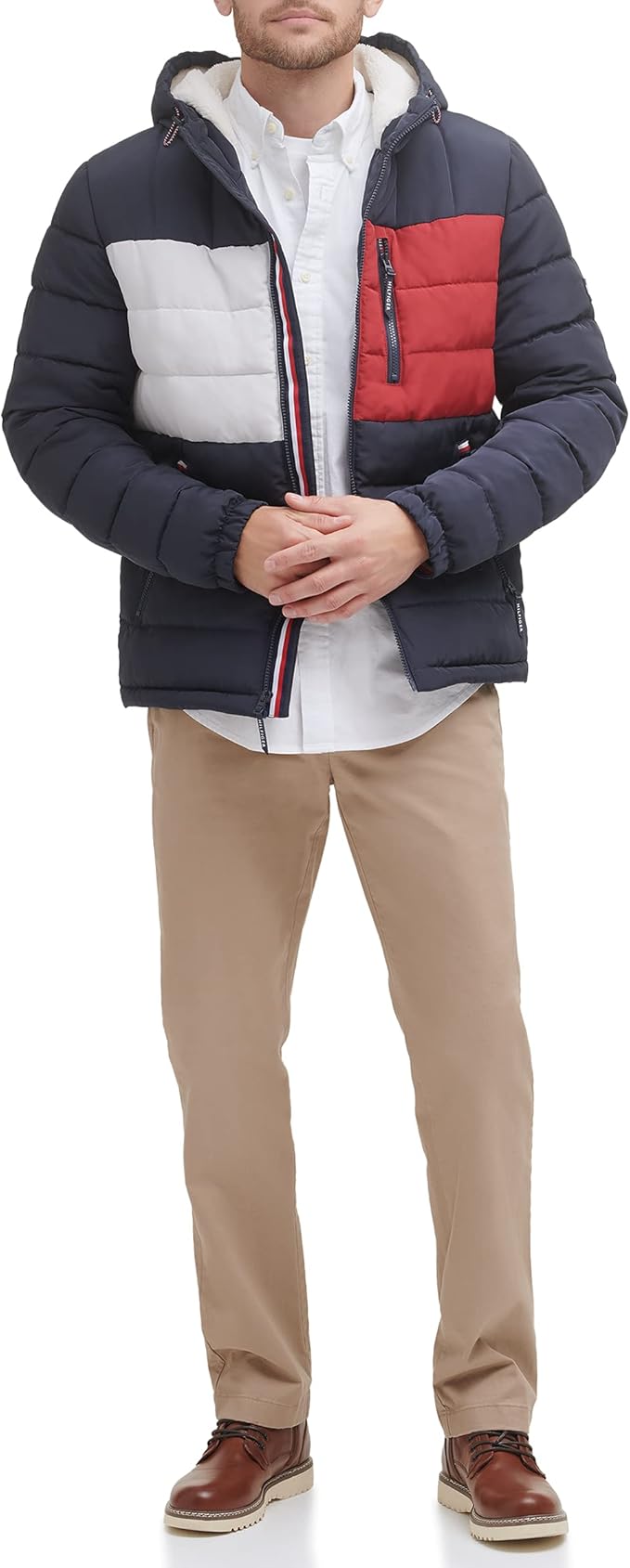 T.O.m-M.y H.I.L.F.I.G.E.R Midweight Sherpa Lined Hooded Water Resistant Puffer Jacket, T.o.m.m.y Flag Combo Tech Navy Flag Combo