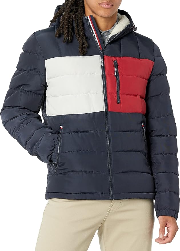 T.O.m-M.y H.I.L.F.I.G.E.R Midweight Sherpa Lined Hooded Water Resistant Puffer Jacket, T.o.m.m.y Flag Combo Tech Navy Flag Combo
