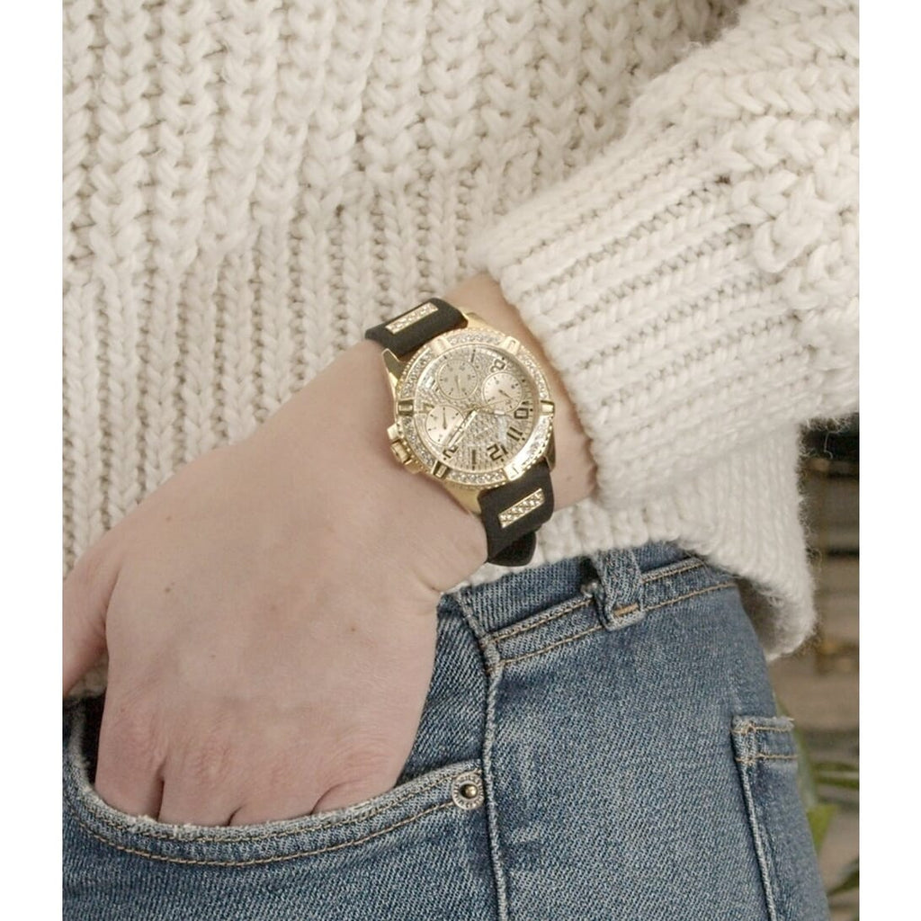 G.U.E.S.S  Frontier Diamonds Gold Dial Black Rubber Strap Watch