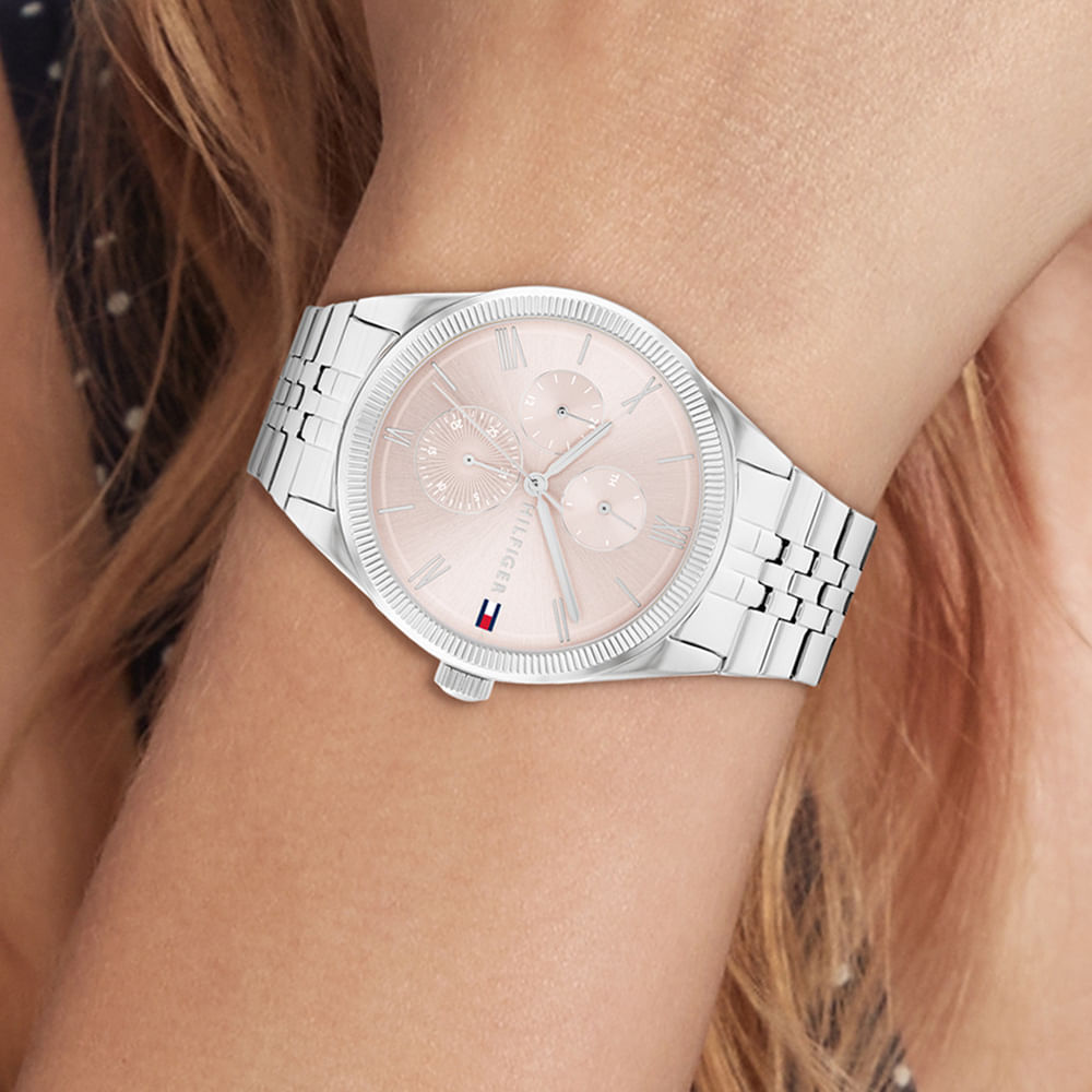 T.O.M.M.Y H.I.L.F.I.G.E.R Monica Multi-Function Chronograph Pink Dial Silver Steel Strap