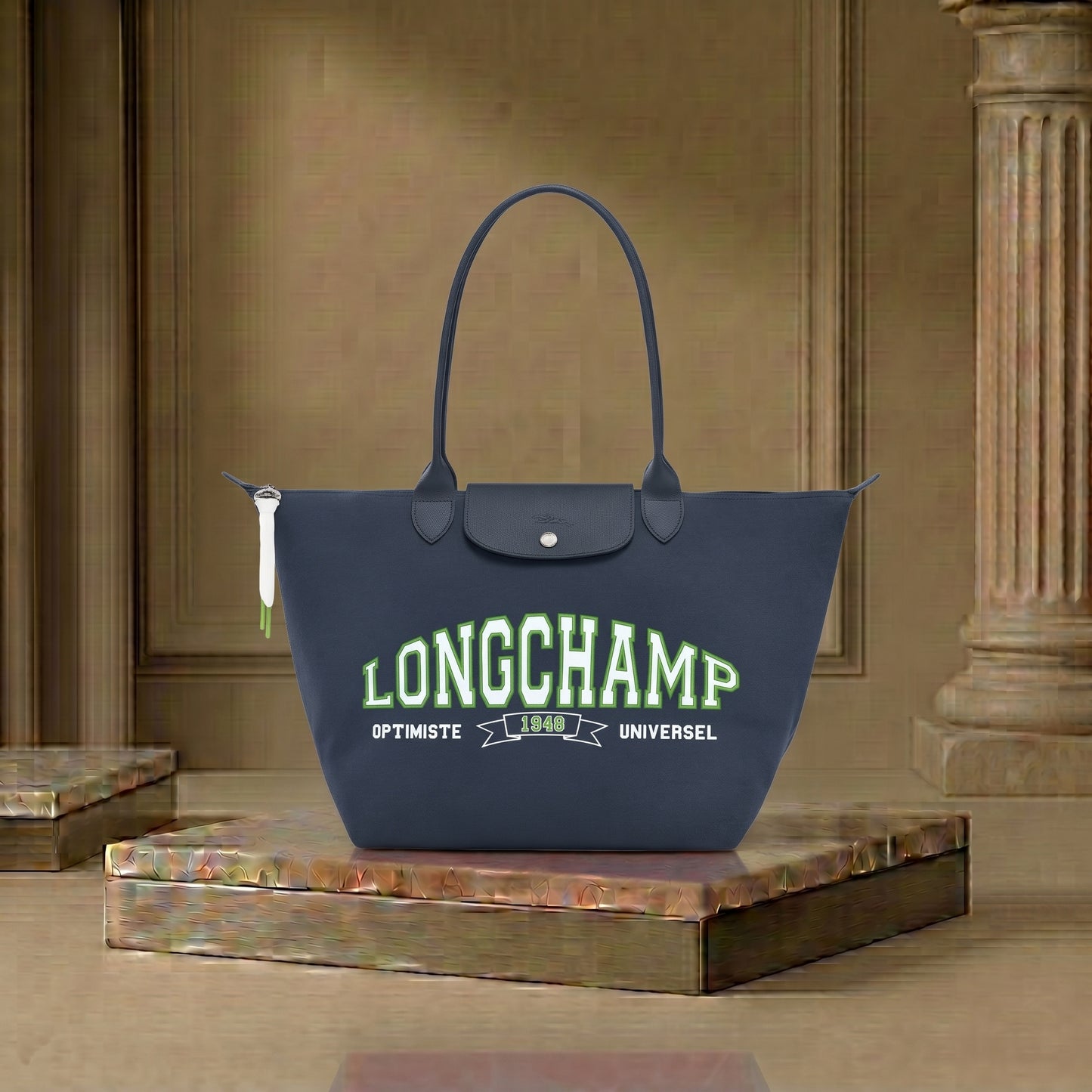L.O-N.G-C.H-A.M-P  Le Pliage L Tote Bag In Canvas With Silver Color Metallic Hardware Navy