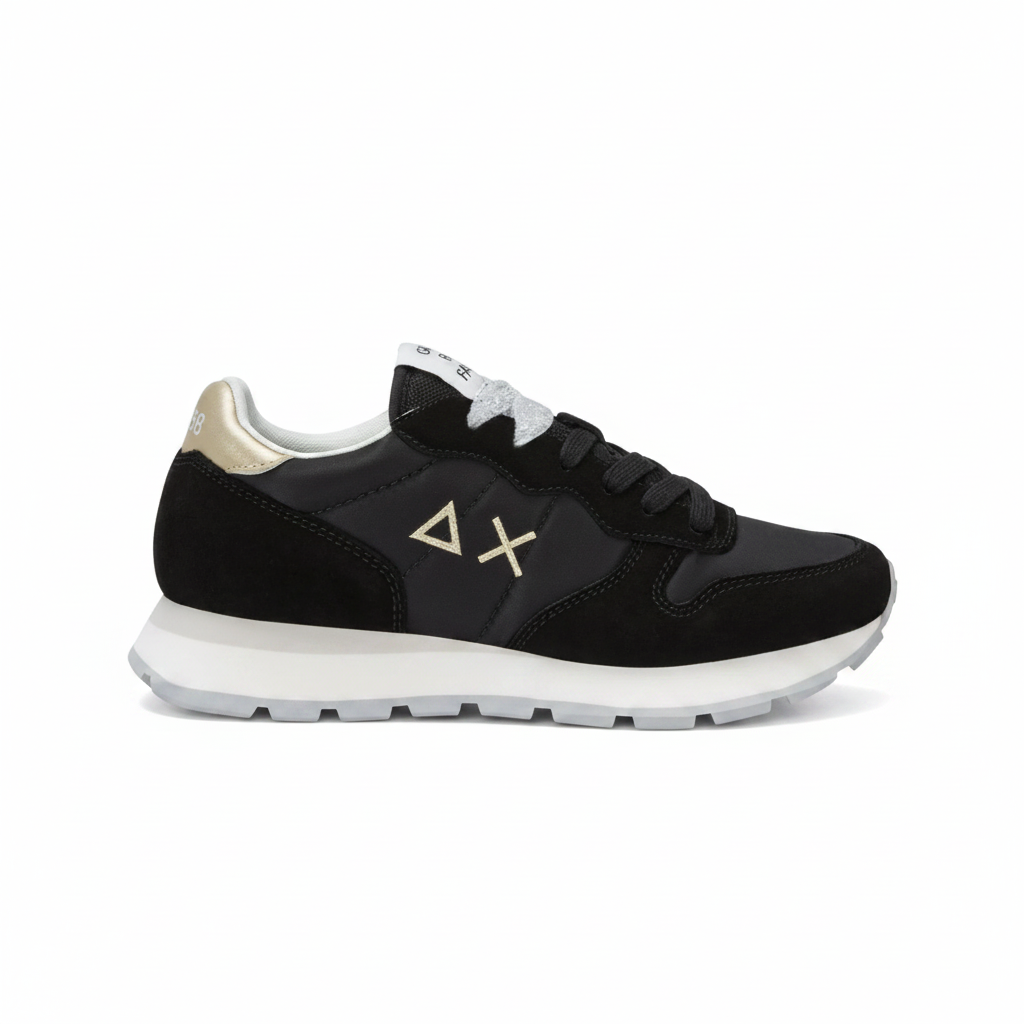 SUN68 Black Ally Gold Silver Suede and Nylon Sneaker Z35202
