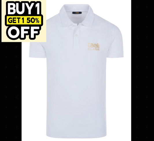 C.a.V-A.L.L.I C.L.A.S.S White short sleeve polo with lettering "C.a.v.a.l.l.i C.l.a.s.s"