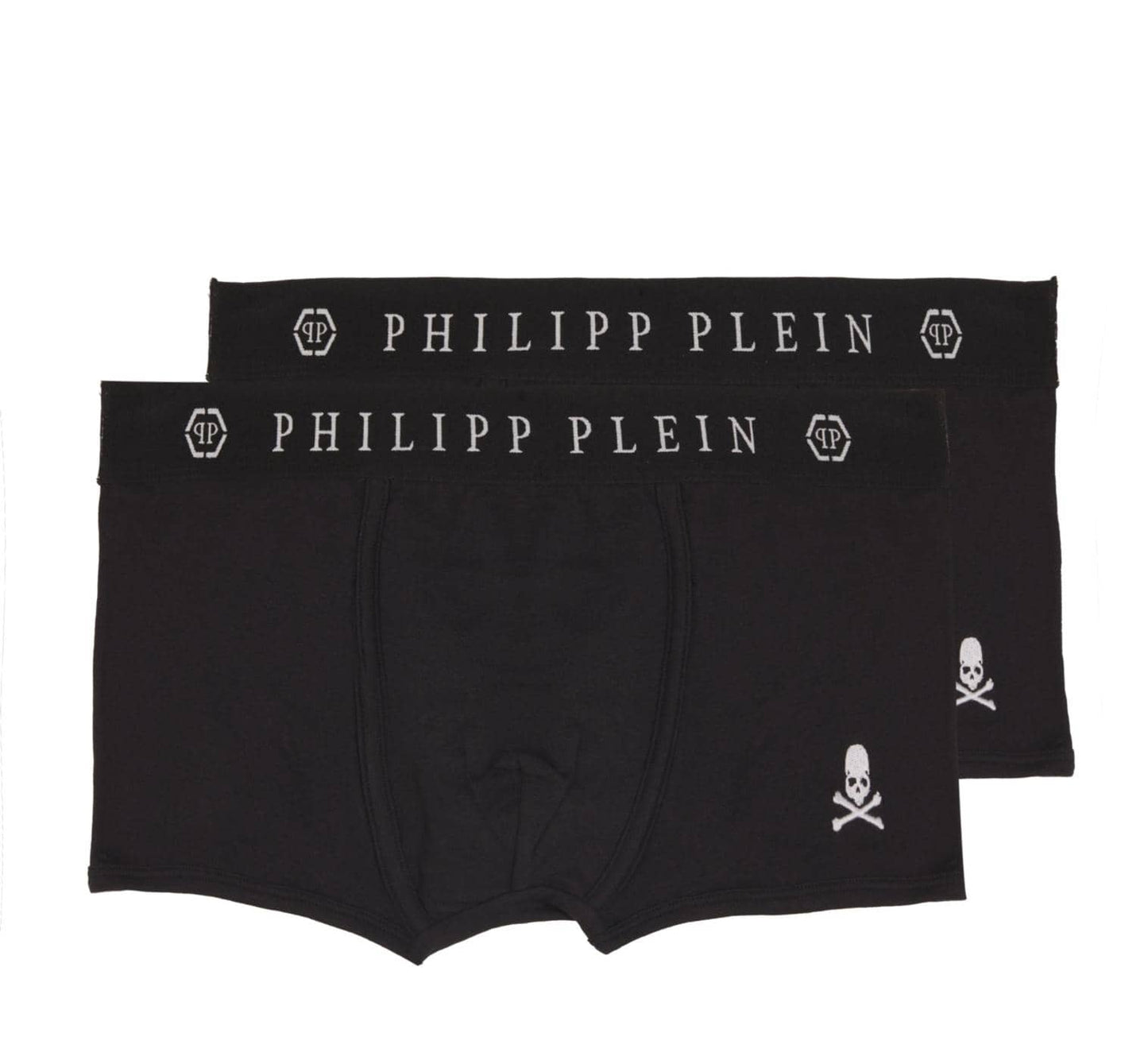 Two black Philipp Plein boxer briefs on a white background