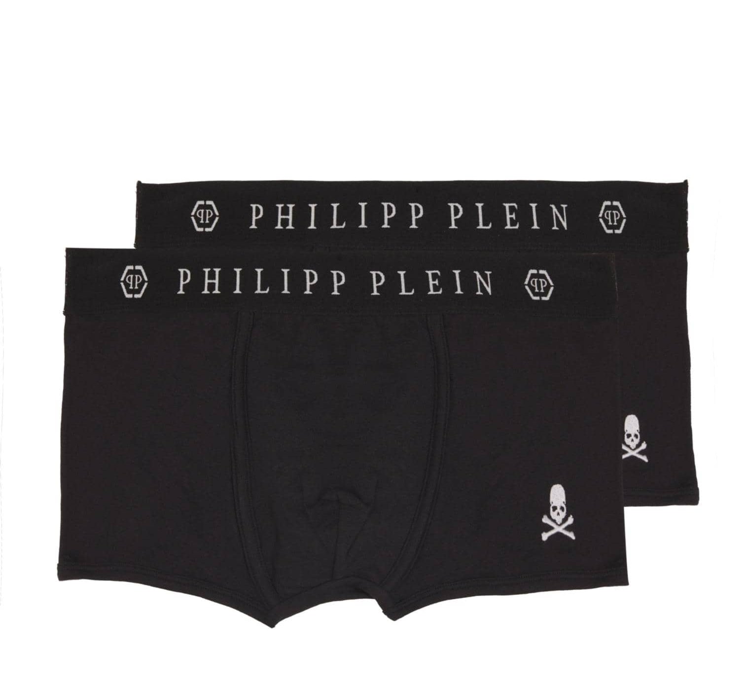 Two black Philipp Plein boxer briefs on a white background