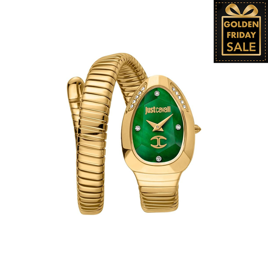 J.U.S.T C.A.V.A.L.L.I Women's Analogue Quartz Watch with Stainless Steel Strap, Gold Plated Green, Fashionable