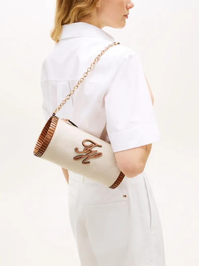 T.O.M.M.Y H.I.L.F.I.G.E.R Chain Strap Linen Canvas Shoulder Bag