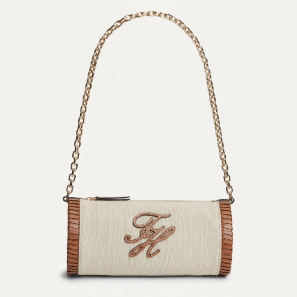 T.O.M.M.Y H.I.L.F.I.G.E.R Chain Strap Linen Canvas Shoulder Bag