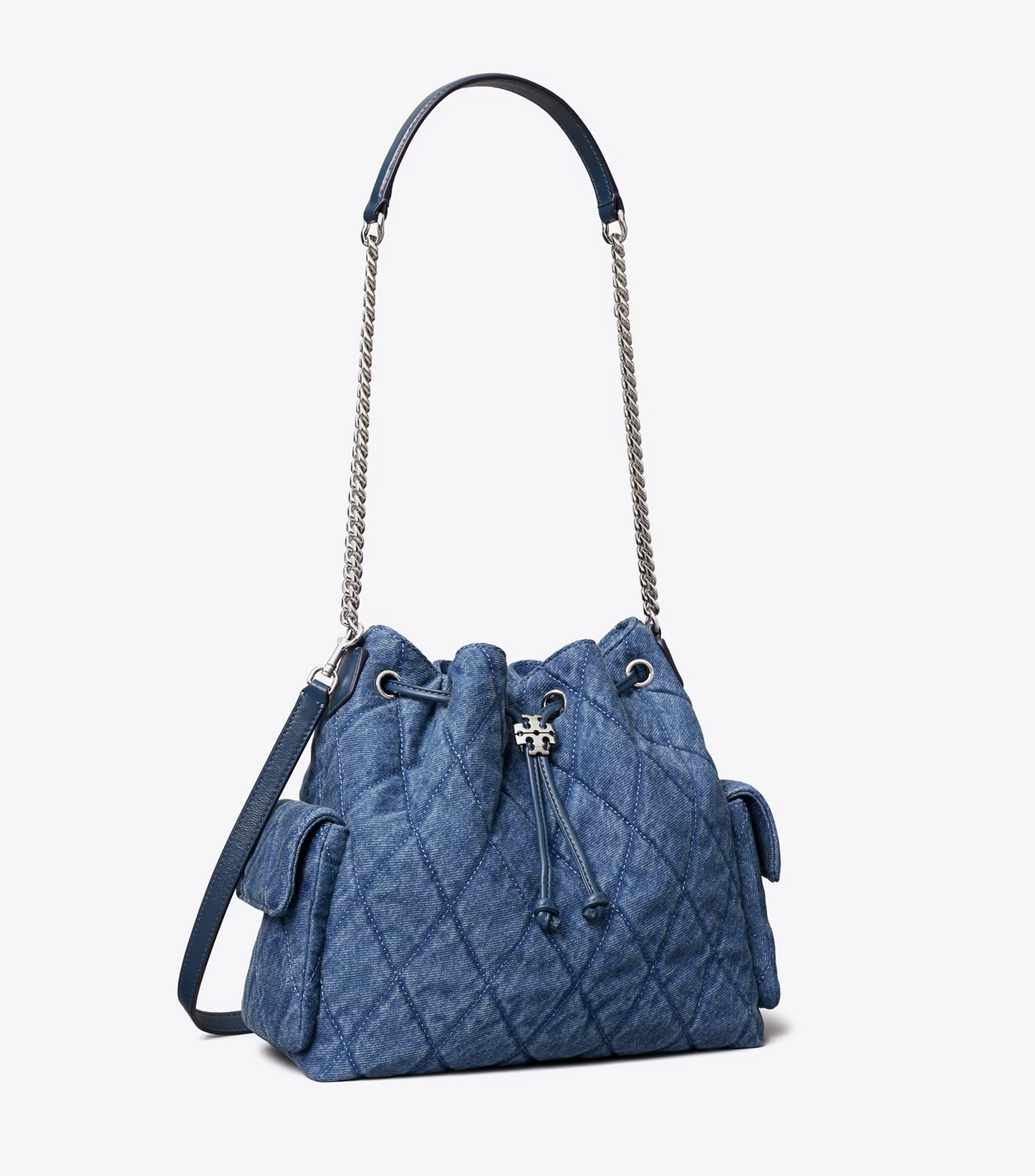 T.O.R.Y B.U.R.C.H CHARLIE QUILTED DENIM DRAWSTRING SHOULDER BAG