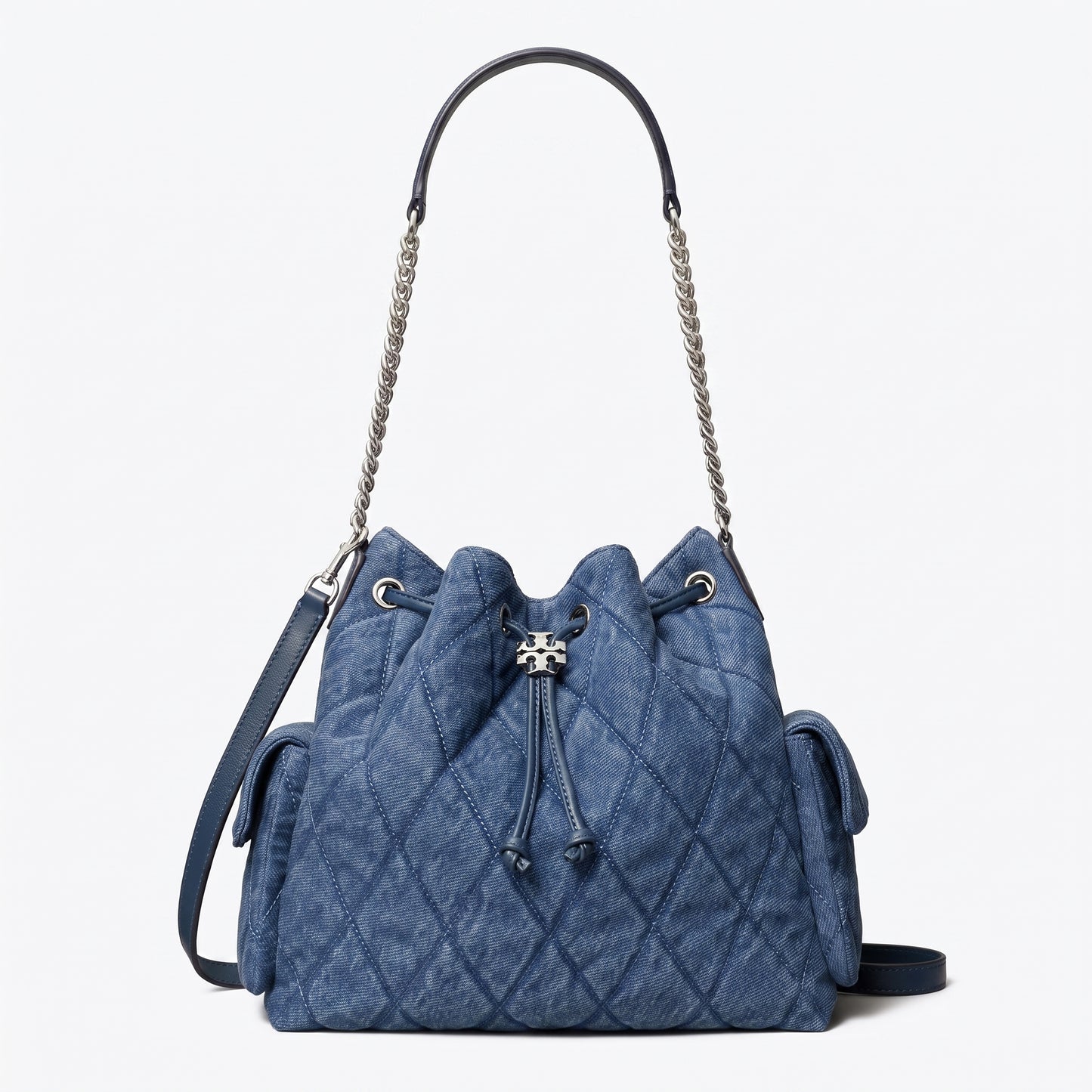 T.O.R.Y B.U.R.C.H CHARLIE QUILTED DENIM DRAWSTRING SHOULDER BAG