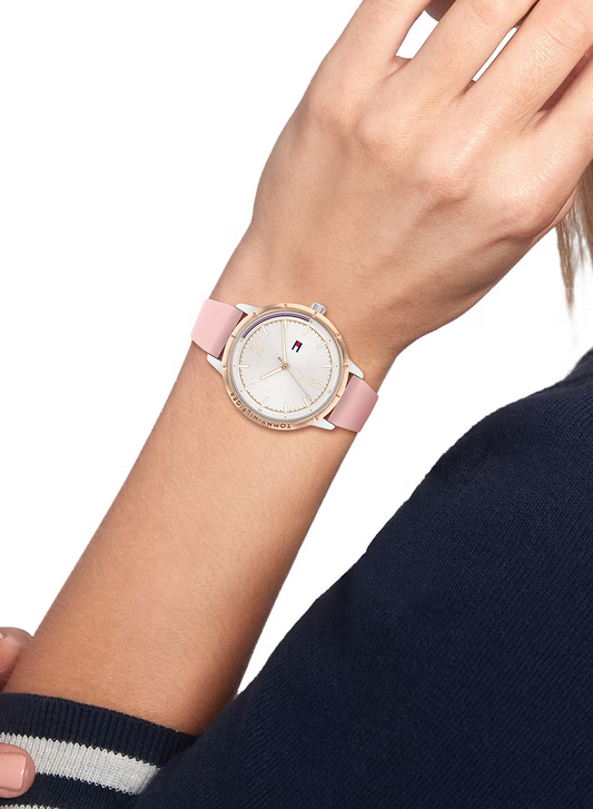 T.O.M.M.Y H.I.L.F.I.G.E.R Macy's Essentials Women's White Dial, Pink Silicone Watch