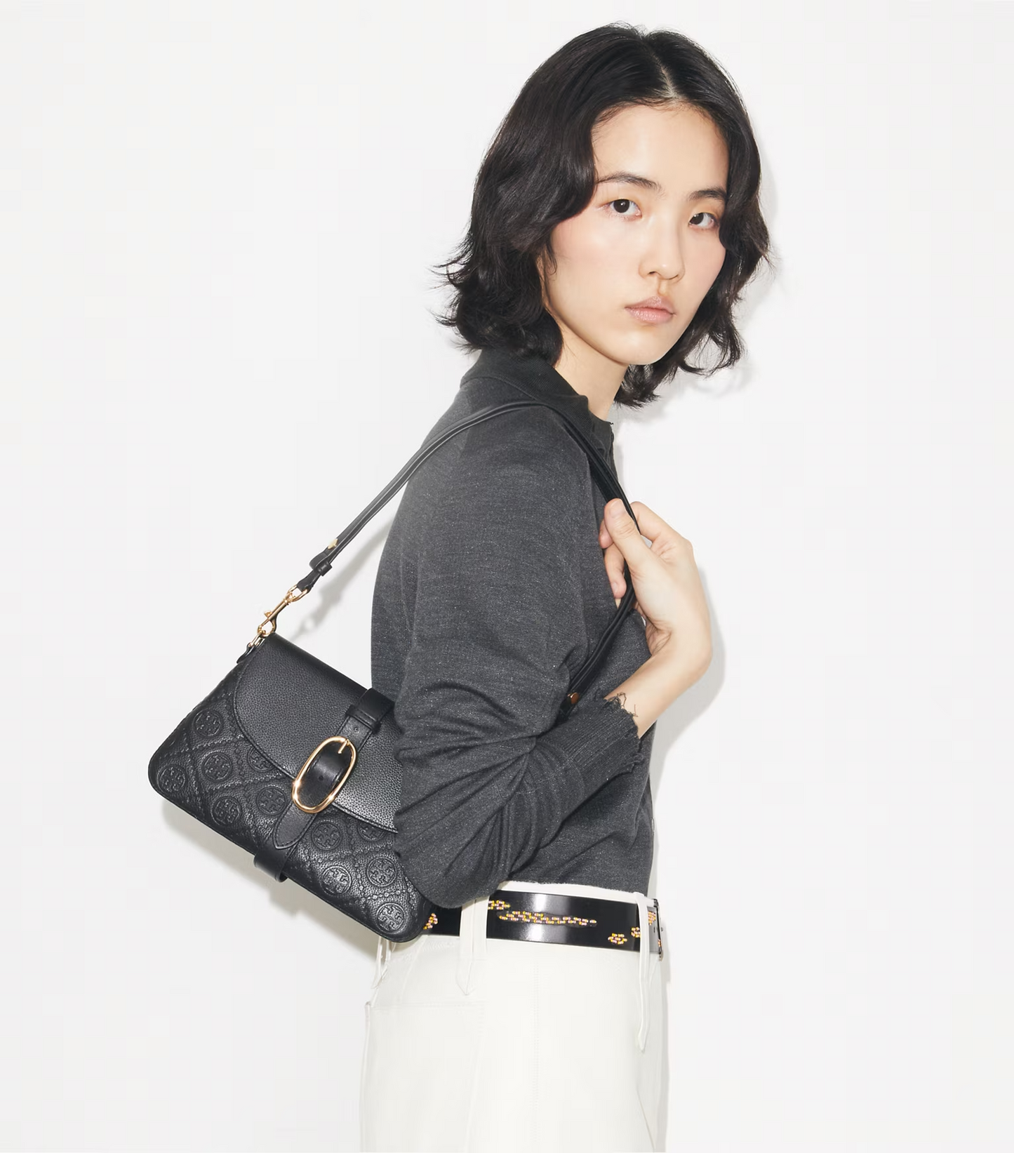 T.O.R.Y B.U.R.C.H T MONOGRAM PEBBLED SOFT SMALL SHOULDER BAG