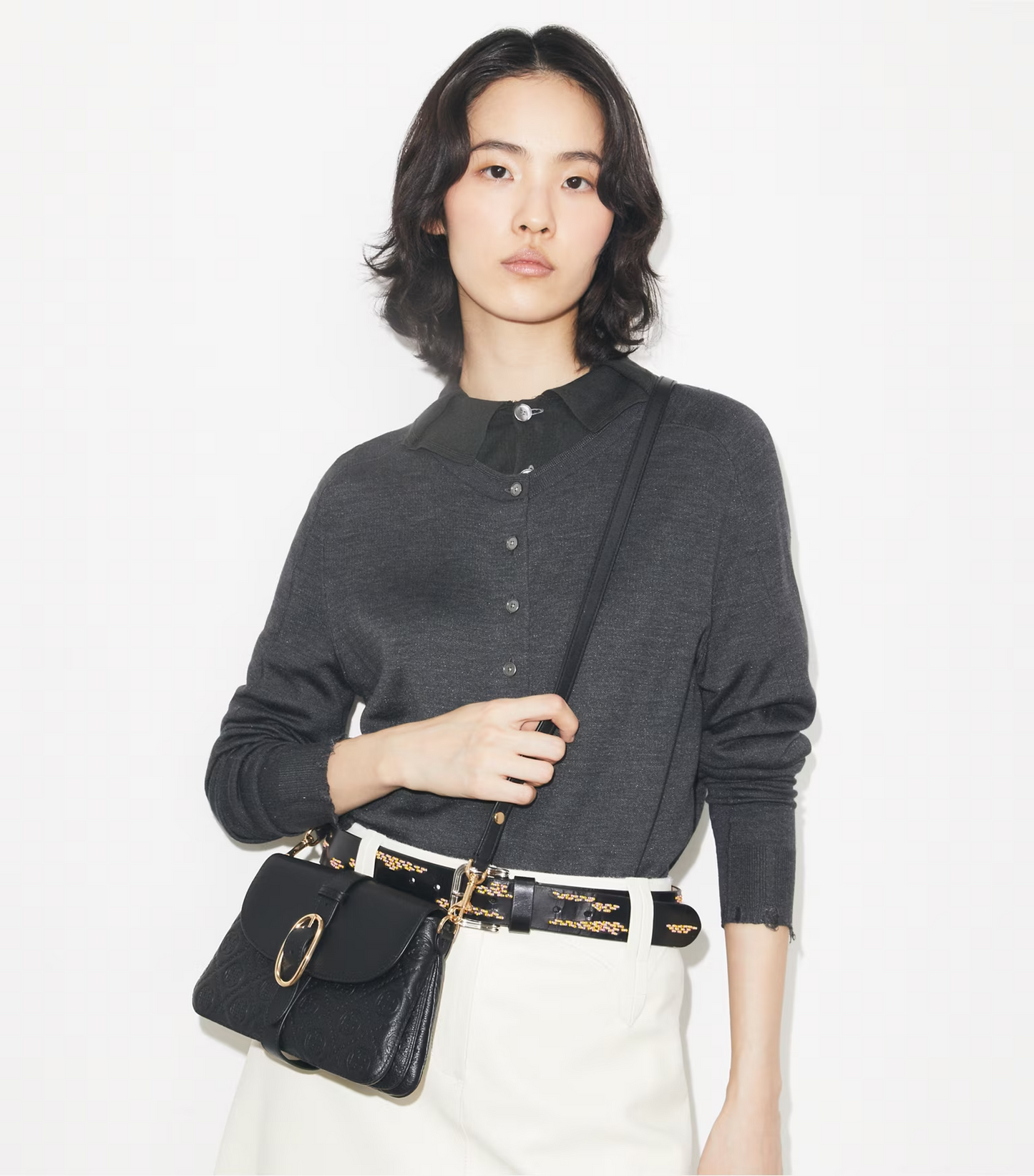 T.O.R.Y B.U.R.C.H T MONOGRAM PEBBLED SOFT SMALL SHOULDER BAG