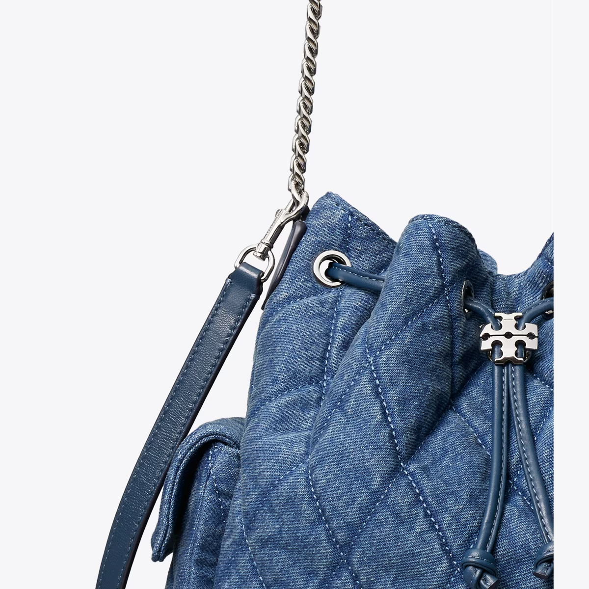 T.O.R.Y B.U.R.C.H CHARLIE QUILTED DENIM DRAWSTRING SHOULDER BAG
