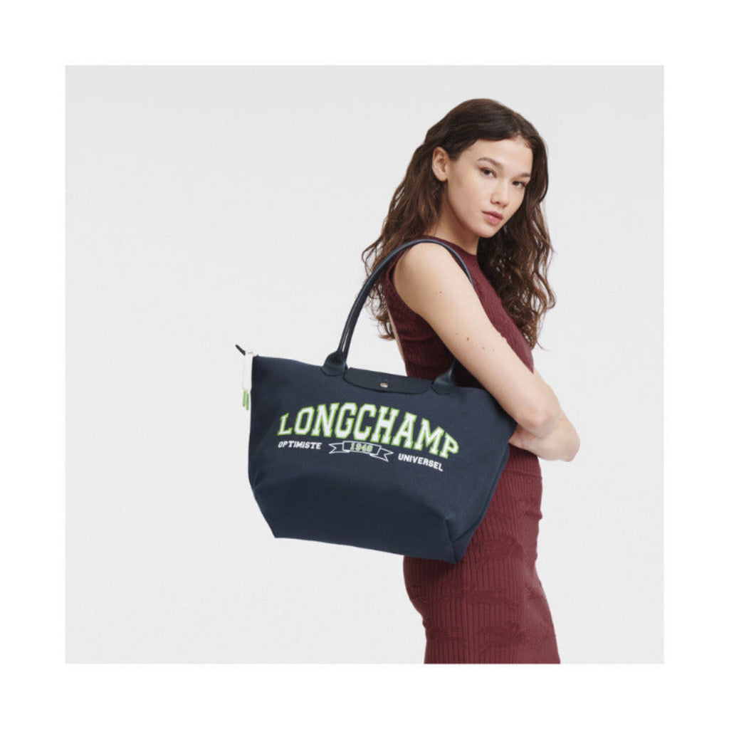 L.O-N.G-C.H-A.M-P  Le Pliage L Tote Bag In Canvas With Silver Color Metallic Hardware Navy