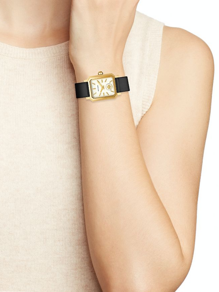 T.O.R.Y B.U.R.C.H Robinson Gold Black Leather Strap Watch