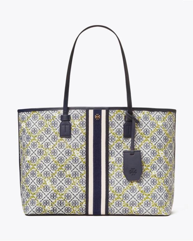 T.O.R.Y B.U.R.C.H T Monogram Floral Vine Top-Zip Tote Bag In Navy