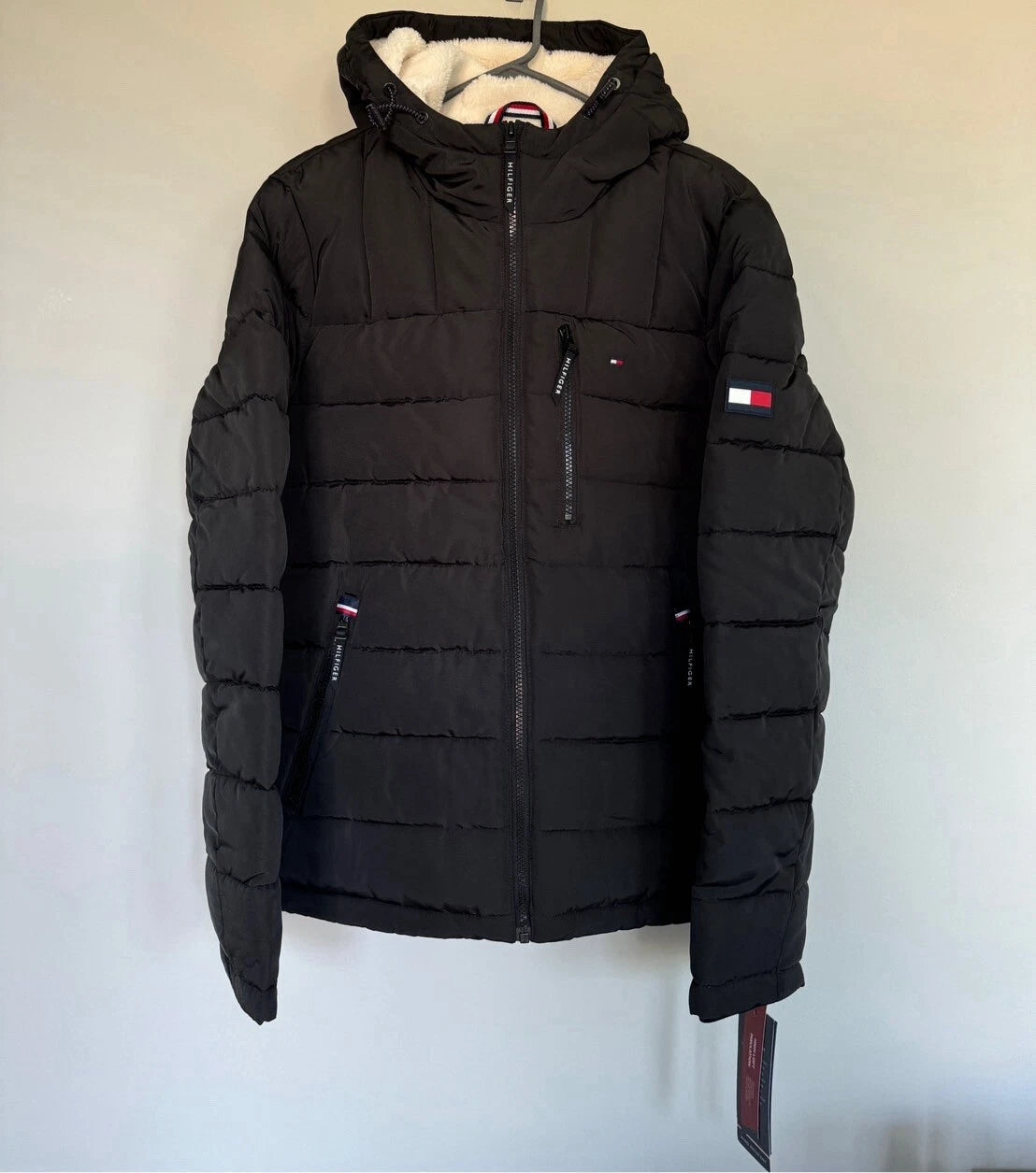 T.o.m.m.y H.i.l.f.i.g.e.r Men's Black Quilted Puffer Sherpa Hood Lined Jacket