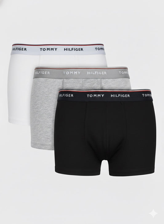 T.O.M.M.Y H.I.L.F.I.G.E.R Premium Essentials Cotton Stretch Truck Pack Of 3 boxers Black/Grey Heather/White