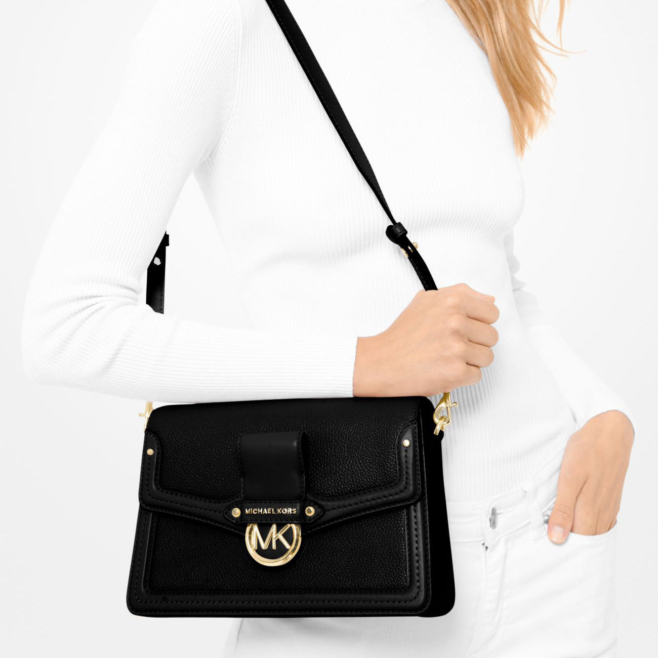 MICHAEL KORS Jessie Pebbled Leather Shoulder Bag with Strap for Crossbody Wear