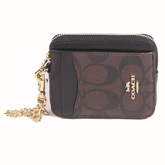 Coach Signature Zip Card Case/Holder In Brown Black